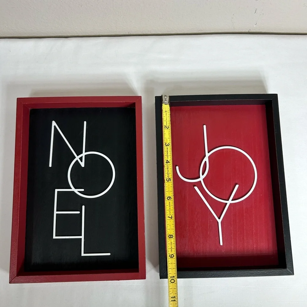2 Set JOY NOEL Red Bkack White Wood Metal Modern Minimalist‎ Wall Shadow Box Art